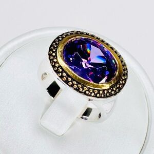 Rich Facet Cut Amethyst Stone Vintage Feel Two Tone Women's Ring